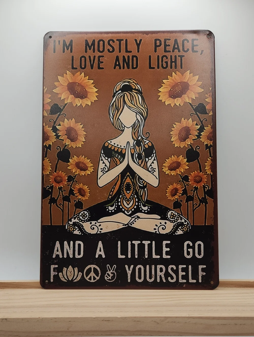 Funny Yoga Sunflower Metal Wall Sign Peace Love and Light 7.75